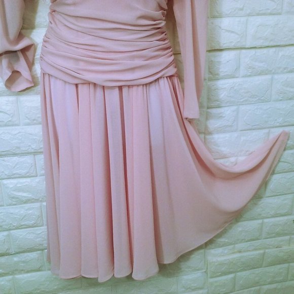 Vintage 90s Abby Kent Cocktail Dress -10 Ruched Crepe Embellished Fullskirt Pink - Picture 6 of 11
